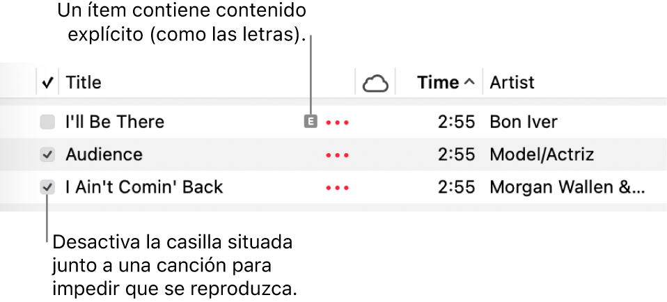 Detalle de la lista de canciones en Música, con las casillas y un símbolo explícito de la primera canción (que indica que incluye contenido específico como las letras). Anula la selección de la casilla en aquellas canciones que no quieras reproducir.