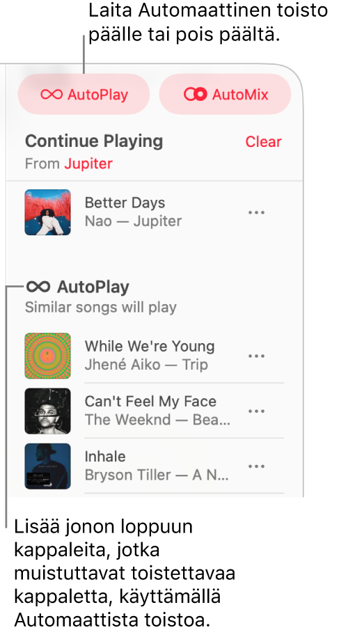 Jono näkyy Apple Musicin oikeassa yläkulmassa. Jatka toistoa- ja Automaattinen toisto -osiot tulevat näkyviin.