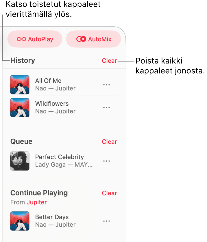 Jono näkyy Apple Musicin oikeassa yläkulmassa. Historia-, Jono- ja Jatka toistoa -osiot tulevat näkyviin.