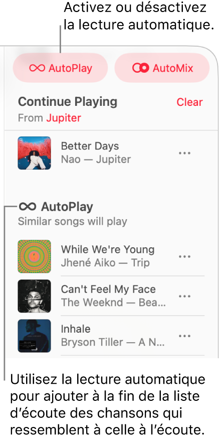 La liste d’écoute est visible dans le coin supérieur droit de la fenêtre d’Apple Music. Les sections Continuer la lecture et Lecture automatique s’affichent.