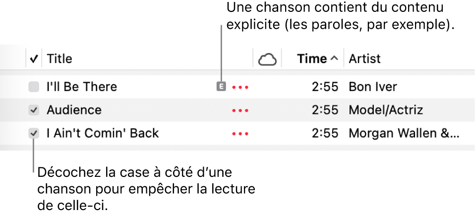 Détail de la liste de chansons dans Musique, avec les cases et un symbole de contenu explicite pour la première chanson (indiquant que celle-ci contient du contenu explicite, dans les paroles par exemple). Décochez la case à côté d’une chanson pour empêcher la lecture de celle-ci.