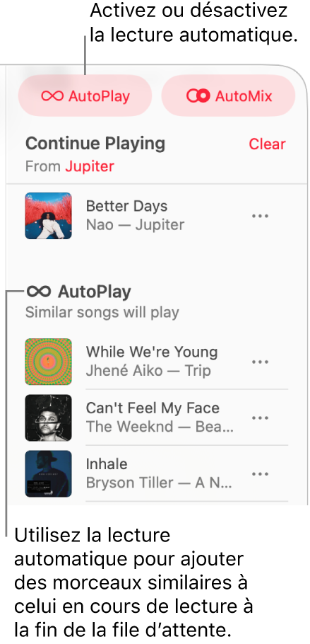 La file d’attente se trouve dans le coin supérieur droit d’Apple Music. Les sections « Poursuivre la lecture » et « Lecture automatique » s’affichent.