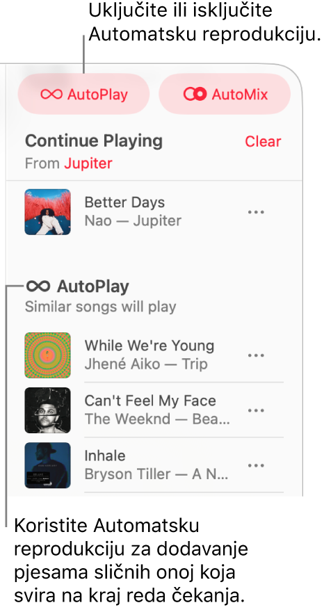Red čekanja vidljiv je u gornjem desnom kutu aplikacije Apple Music. Pojavljuju se odjeljci Nastavi reproducirati i Automatska reprodukcija.