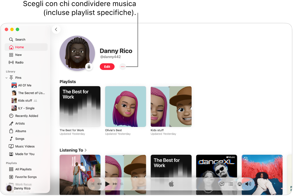 La pagina del profilo su Apple Music: in alto nella finestra, fai clic sul pulsante Altro (a destra del pulsante Modifica) per condividere la musica.
