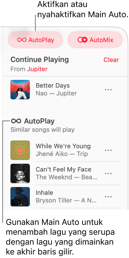 Baris gilir kelihatan di penjuru kanan atas Apple Music. Bahagian Teruskan Main dan Automain kelihatan.