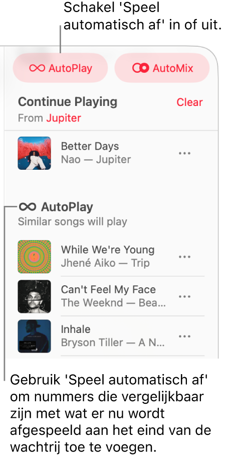In de rechterbovenhoek van Apple Music is de wachtrij zichtbaar. De gedeelten 'Speel verder' en 'Speel automatisch af' worden weergegeven.