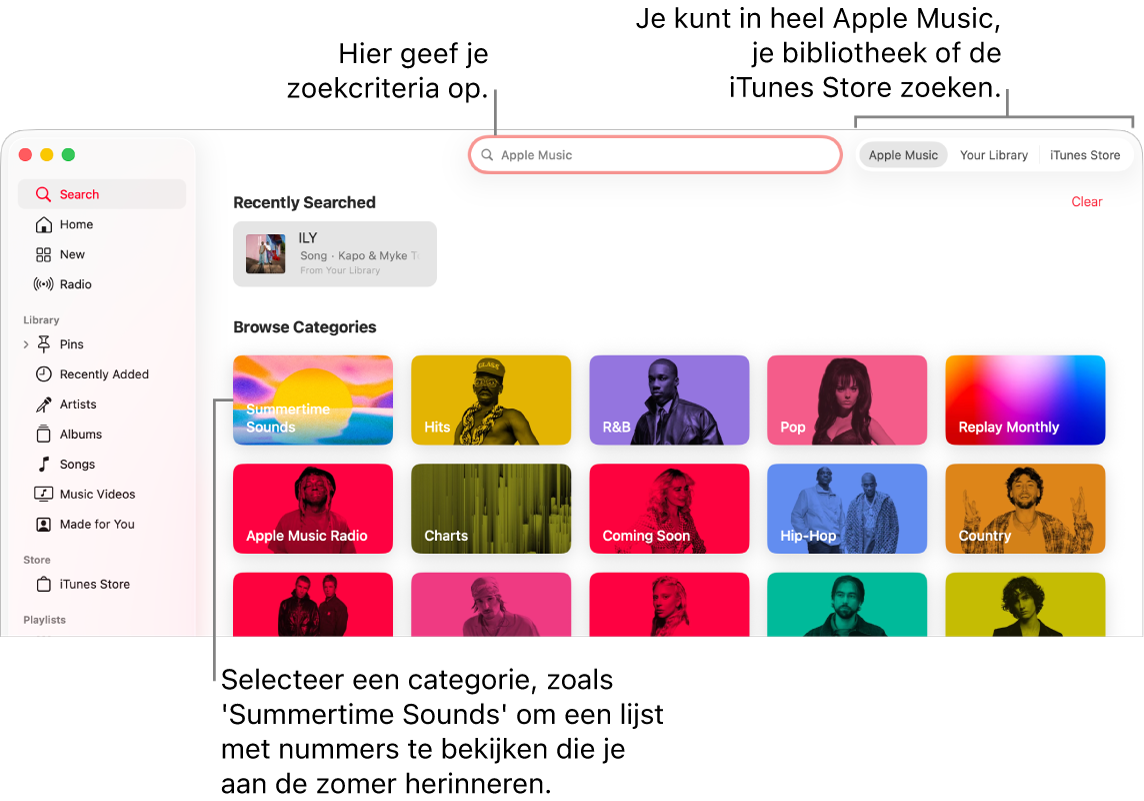 Het Muziek-venster met het zoekveld linksbovenin, de lijst met categorieën in het midden van het venster en 'Apple Music', 'Jouw bibliotheek' en 'iTunes Store' rechtsbovenin. Voer zoekcriteria in het zoekveld in en geef aan of je in heel Apple Music, alleen in je eigen bibliotheek of in de iTunes Store wilt zoeken.