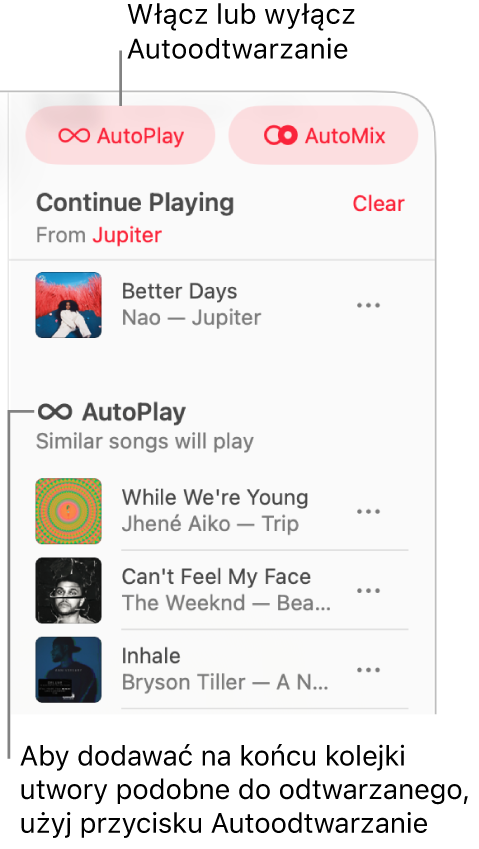 Kolejka jest widoczna w prawym górnym rogu okna Apple Music. Pojawią się sekcje Odtwarzaj ciągle i Autoodtwarzanie.