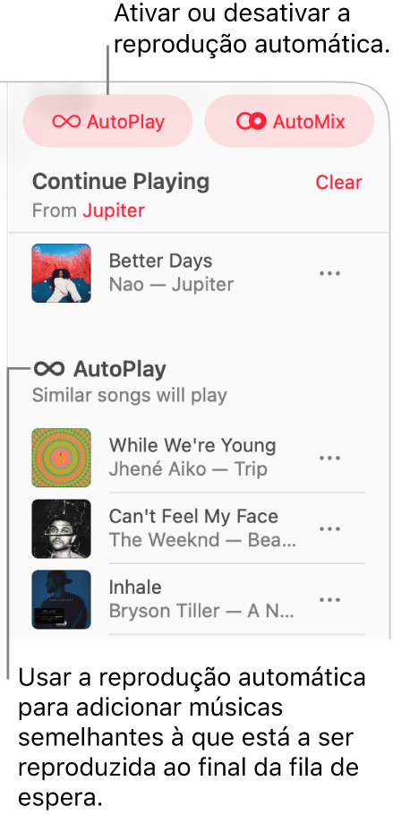 A fila de espera é visível no canto superior direito de Apple Music. As secções Continuar a ouvir e Reprodução automática são apresentadas.