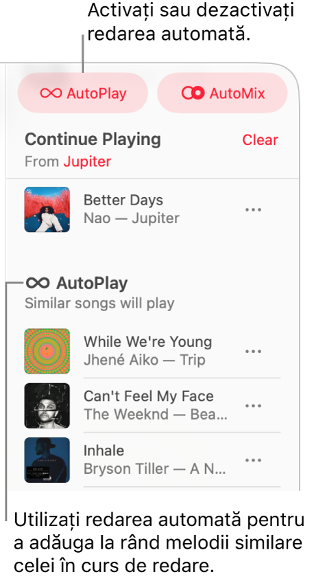 Rândul de redare este vizibil în colțul din dreapta sus al ferestrei Apple Music. Apar secțiunile „Continuați redarea” și „Redare automată”.