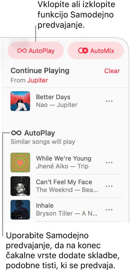 Čakalna vrsta je vidna v zgornjem desnem kotu aplikacije Apple Music. Prikažeta se razdelka Nadaljuj predvajanje in Samodejno predvajanje.