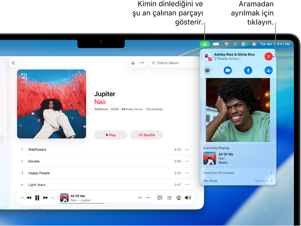 SharePlay kullanılırken bir parçanın çalındığını gösteren Apple Music penceresi. Çalma penceresi, kaç kişinin birlikte müzik dinlediğini gösteriyor. Sağ tarafta SharePlay simgesine tıklandığında kimlerin dinlediğini ve o anda çalan parçayı görebilirsiniz. Sağda, Kapat düğmesini tıklayabilirsiniz.