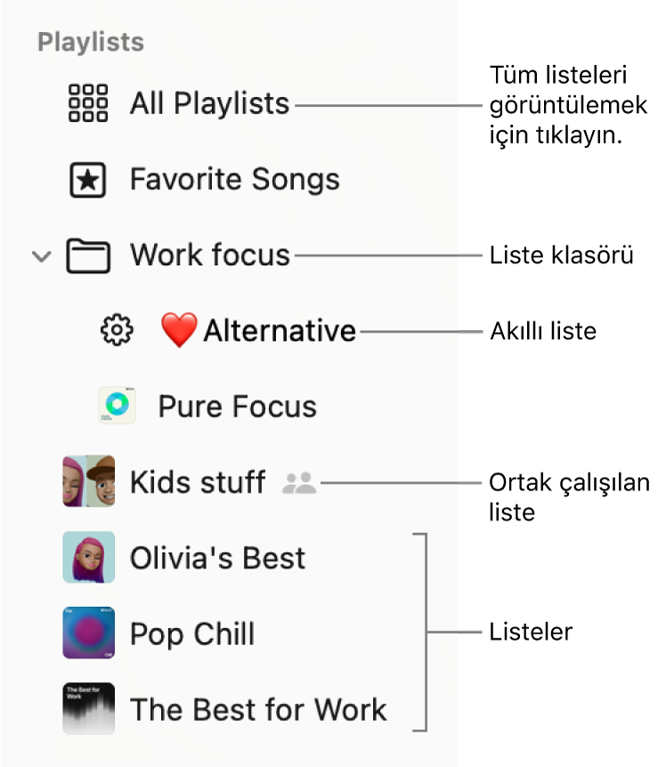 Bir liste klasörünü ve çeşitli liste türlerini gösteren Müzik kenar çubuğu: Favori Parçalar, Akıllı, Ortak ve listeler. Tümünü görüntülemek için Tüm Listeler’i tıklayın.