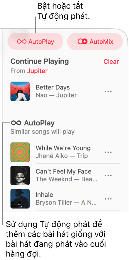 Hàng đợi hiển thị ở góc trên cùng bên phải của Apple Music. Các phần Tiếp tục phát và Tự động phát xuất hiện.