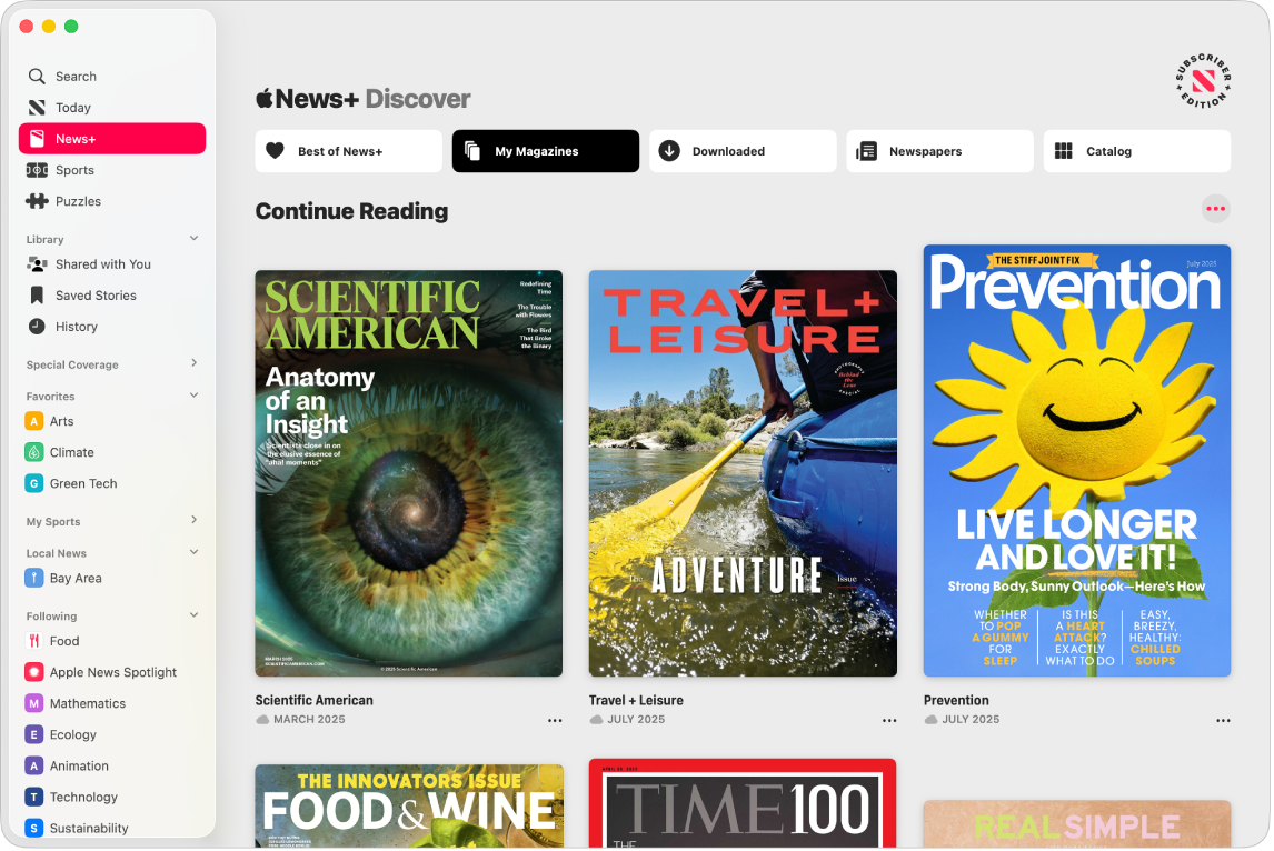 The Apple News window showing News+ selected in the sidebar. In the Apple News+ feed on the right, the collection My Magazines is selected. Below the title Continue Reading, three magazine issues appear in a grid.