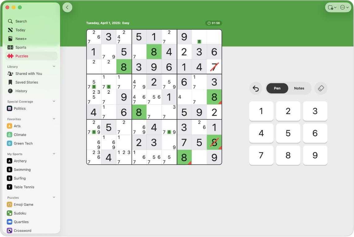 A Sudoku puzzle in the News app.