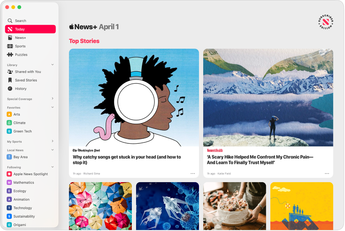 The Apple News window with the sidebar on the left and Top Stories on the right.