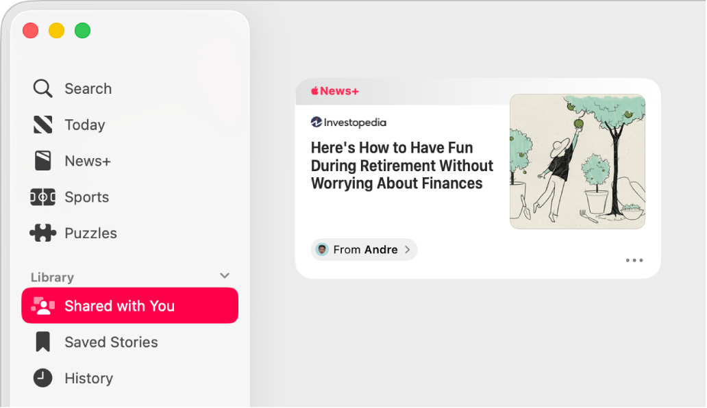 The Apple News window showing Shared with You selected in the sidebar and a shared story on the right.