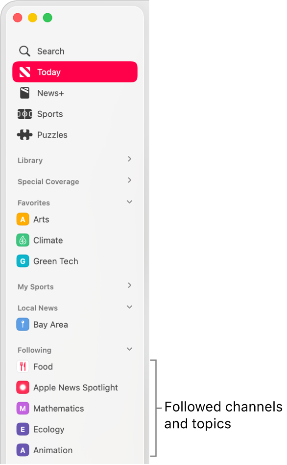 The Apple News sidebar showing followed channels and topics.