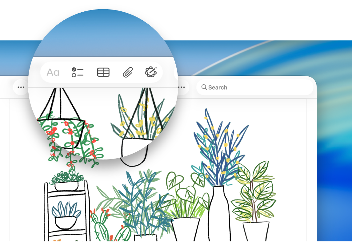 A Notes app window on Mac showing a close-up of the Notes toolbar—specifically the Format Text, Make a Checklist, Add a Table, Add Media, and Writing Tools buttons.