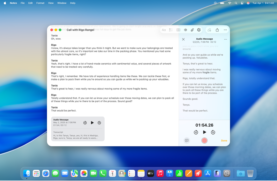 A Notes app window on Mac showing an audio recording within the note body. A live transcription of the audio recording is shown in the panel.