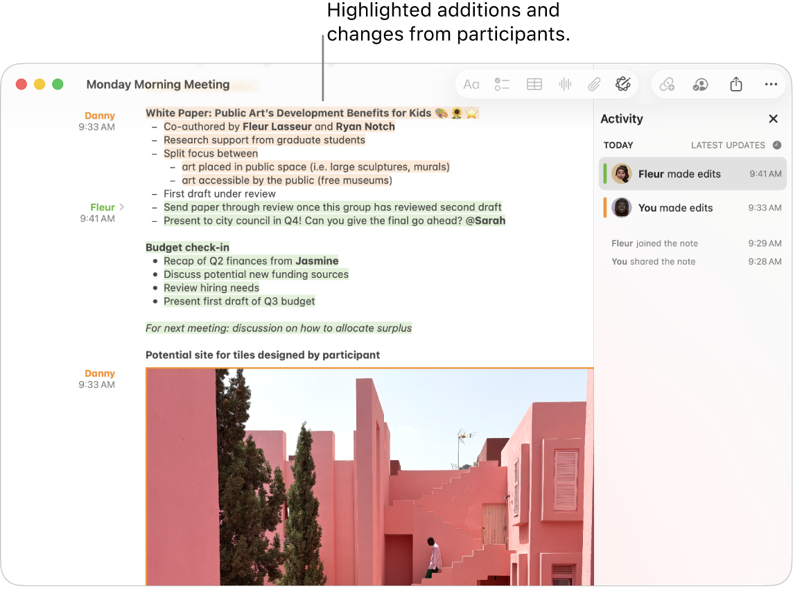 A note showing notes from a meeting. Changes from participants are highlighted.