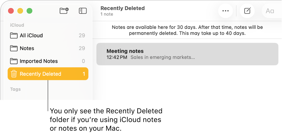 The Notes window with the Recently Deleted folder in the sidebar and a recently deleted note. You only see the Recently Deleted folder if you’re using iCloud notes or notes on your Mac.