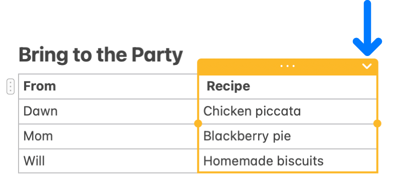A table showing the down arrow for the column—click it to add or delete a column.