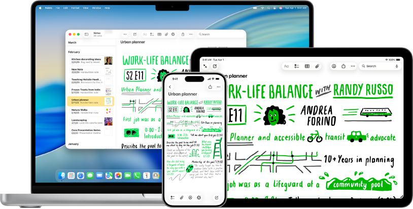 A Notes app window on Mac, iPhone, and iPad, all showing the same note from iCloud.