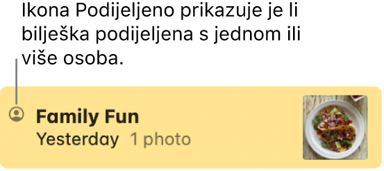 Bilješka koja se dijeli s drugima, s ikonom Dijeljeno na lijevoj strani od naziva bilješke.