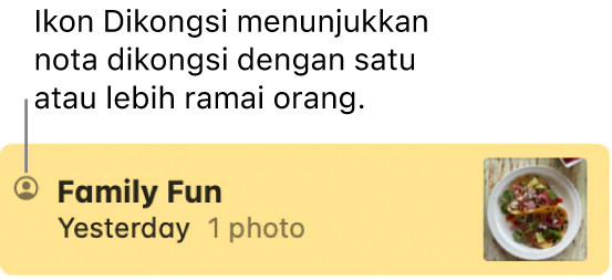 Nota yang telah dikongsi dengan orang lain, dengan ikon Dikongsi di sebelah kiri nama nota.