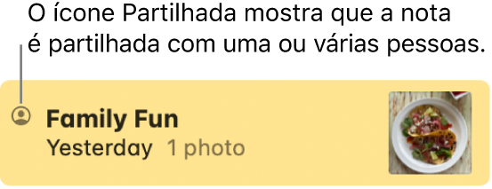 Uma nota que foi partilhada com outras pessoas, com o ícone de Partilha à esquerda do nome da nota.