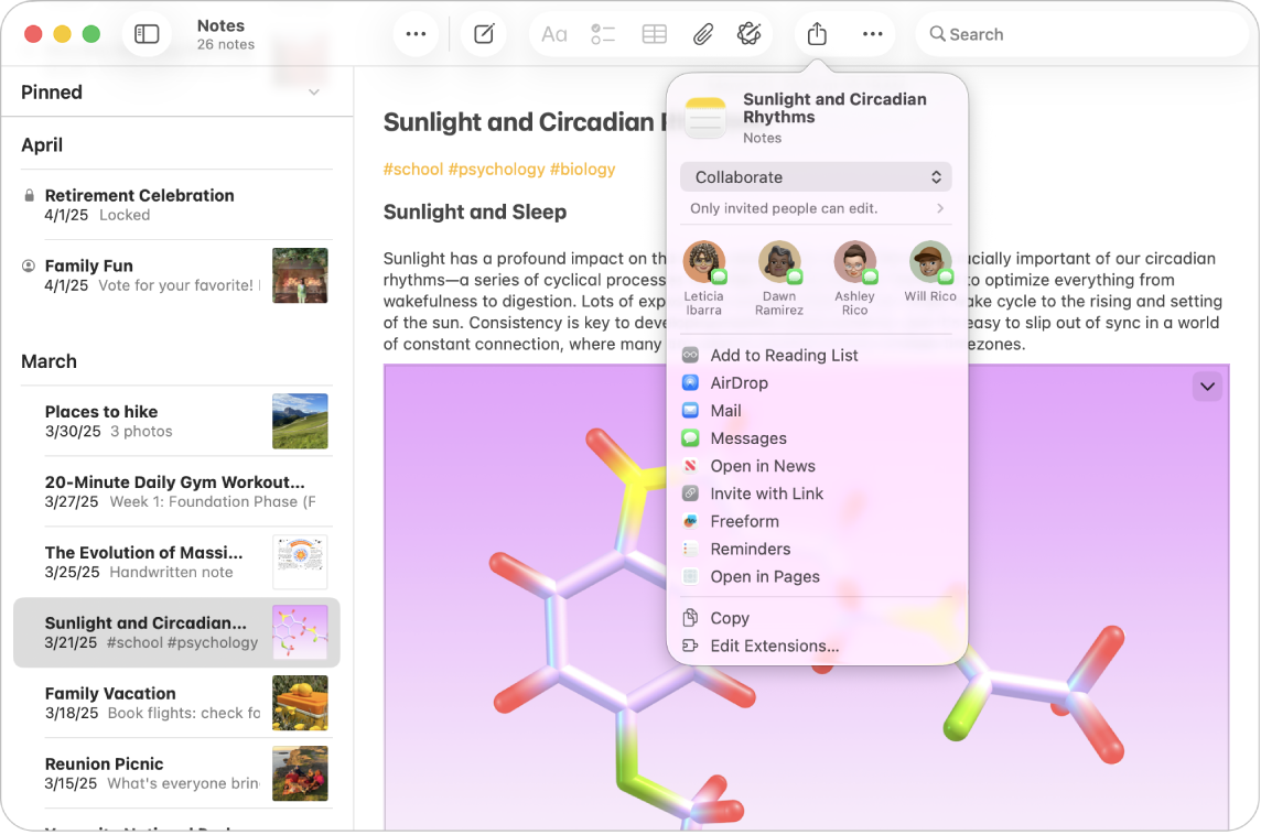 Mac 上的「備忘錄」App 視窗顯示備忘錄列表，以及一個已開啟備忘錄的「共享」選單。 家人和朋友顯示在「共享」彈出式選單最上方的建議收件人中。 其他共享選項在下方，從上至下包括「加至閲讀列表」、AirDrop、「郵件」、「訊息」、「在 News 開啟」、「以連結邀請」、Freeform、「提醒事項」和「用 Pages 開啟」。 也有複製備忘錄或編輯延伸功能的選項。