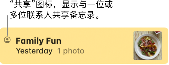 已与他人共享的备忘录，备忘录名称左侧是“共享”图标。