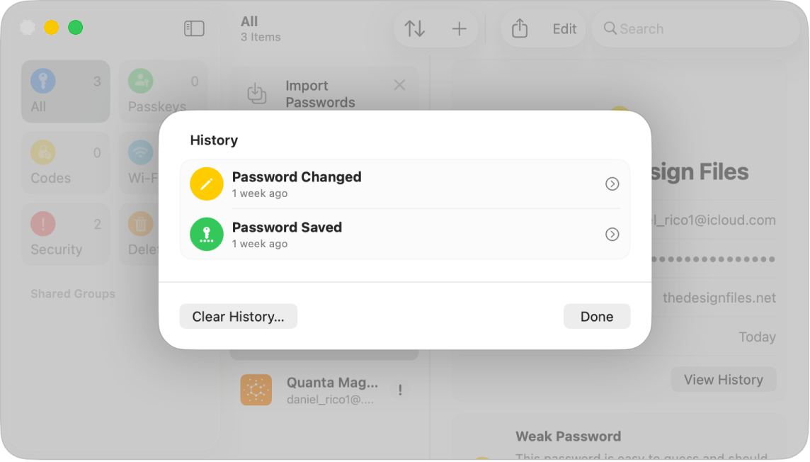 The history of changes to the password for the Home - The Design Files account, showing when the password was originally saved and when it was changed.