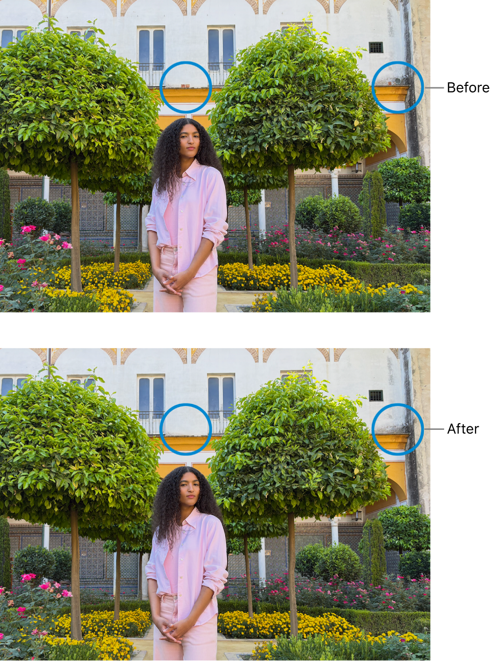A photo showing imperfections on a building, and the same photo after retouching.
