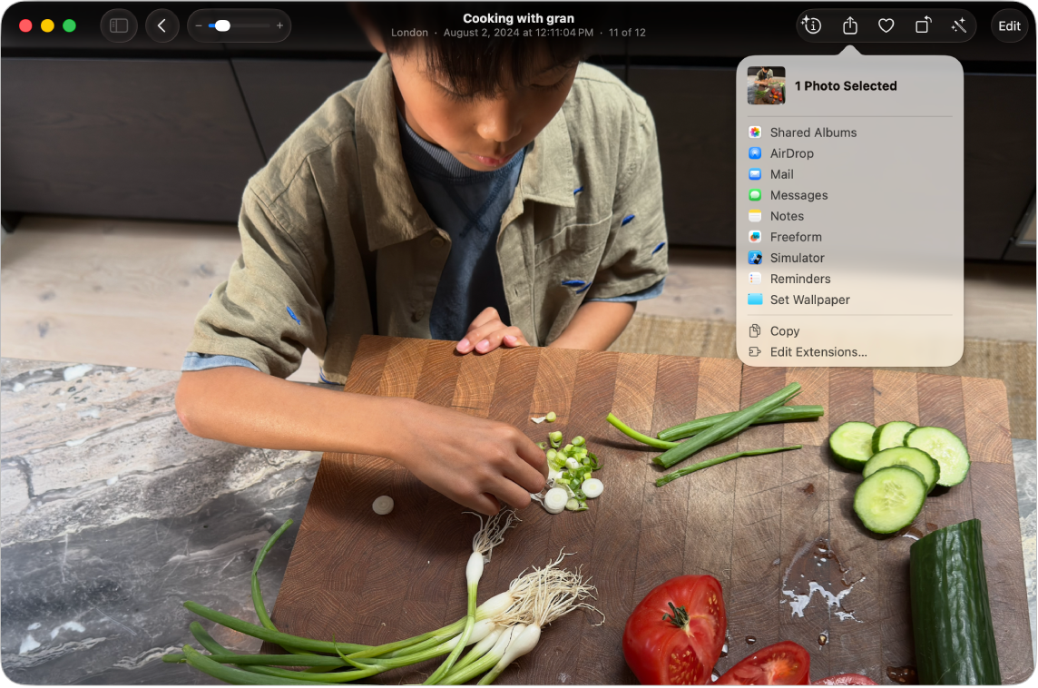 A photo is open in the Photos window. The Share menu is open, showing a list of apps to use to share this photo.