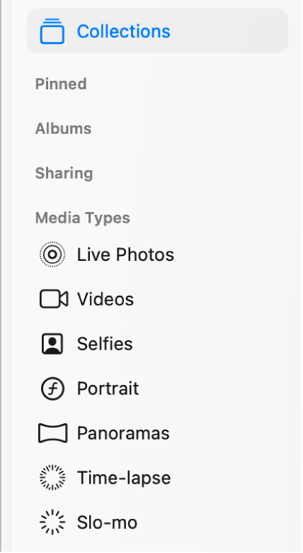 The Photos sidebar showing the different collections in Media Types.
