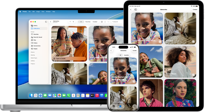 An iPhone, MacBook, and iPad all showing memories from the same photo library.