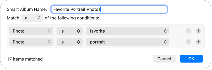 A dialog showing criteria for a Smart Album that collects portrait photos that have been marked as favorites.