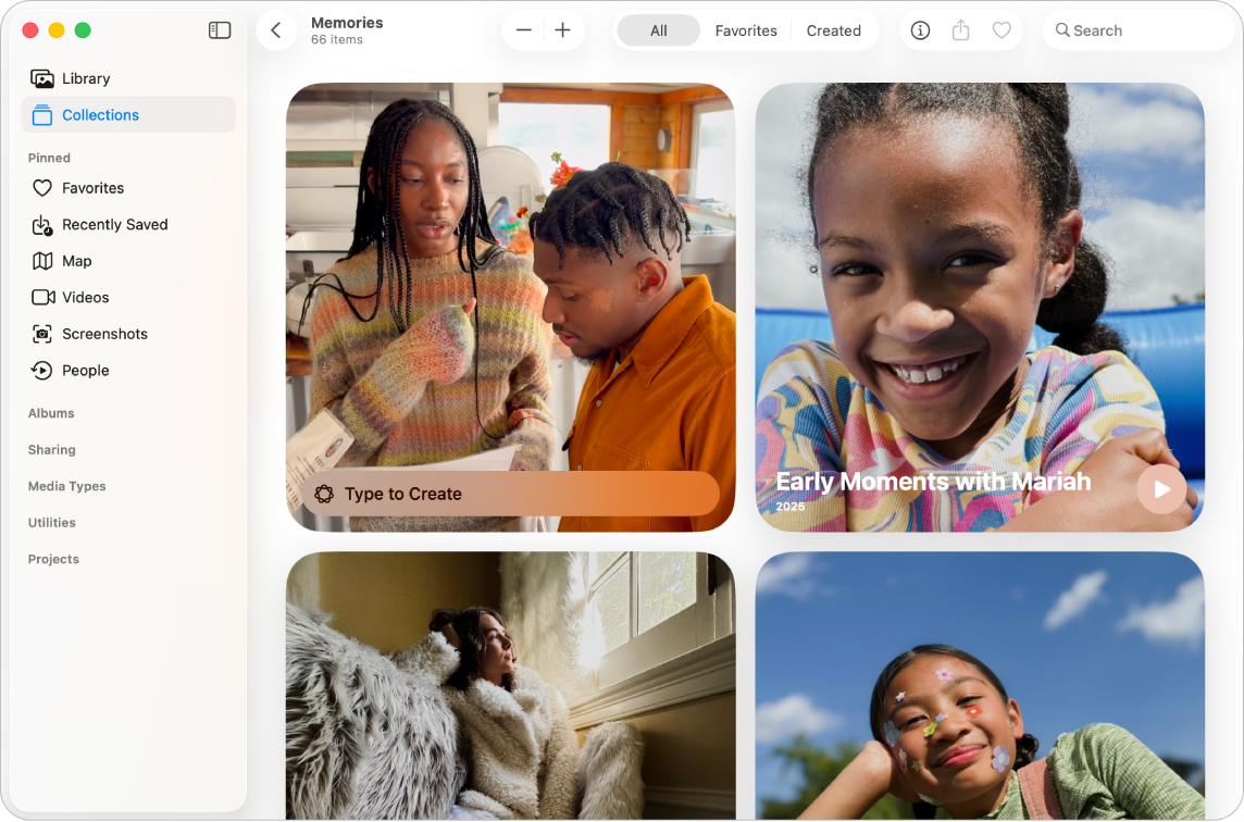 The Photos window showing Collections selected in the sidebar and memories displayed on the right.