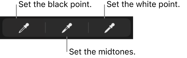 Three eyedroppers used to set the black point, midtones, and white point of the photo or video.