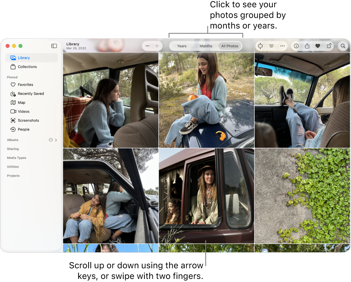 The Photos window showing All Photos selected in the toolbar and photos organized by date appearing in the main area of the window.