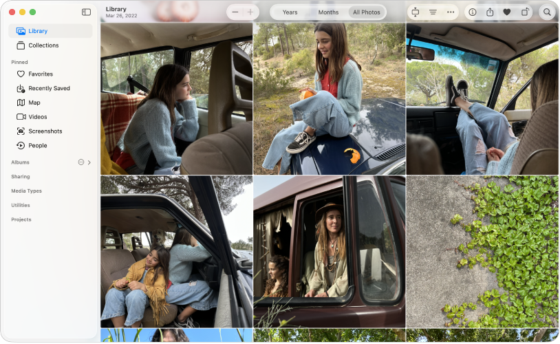The Photos main window showing Library selected in sidebar on the left, photos organized in a grid on the right, and Years, Months, and All Photos buttons in the toolbar at the top.