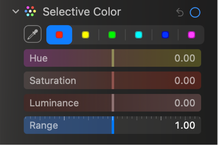 The Selective Color controls in the Adjust pane, showing the Hue, Saturation, Luminance, and Range sliders.
