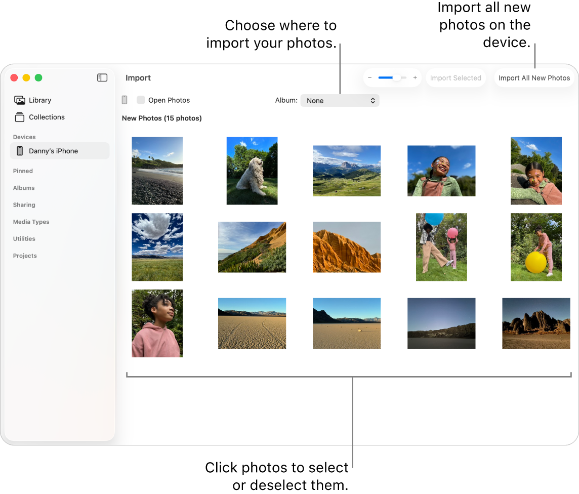 The Import window in Photos on Mac showing new photos on a device. At the top center is the Album pop-up menu. Import buttons are at the top right.