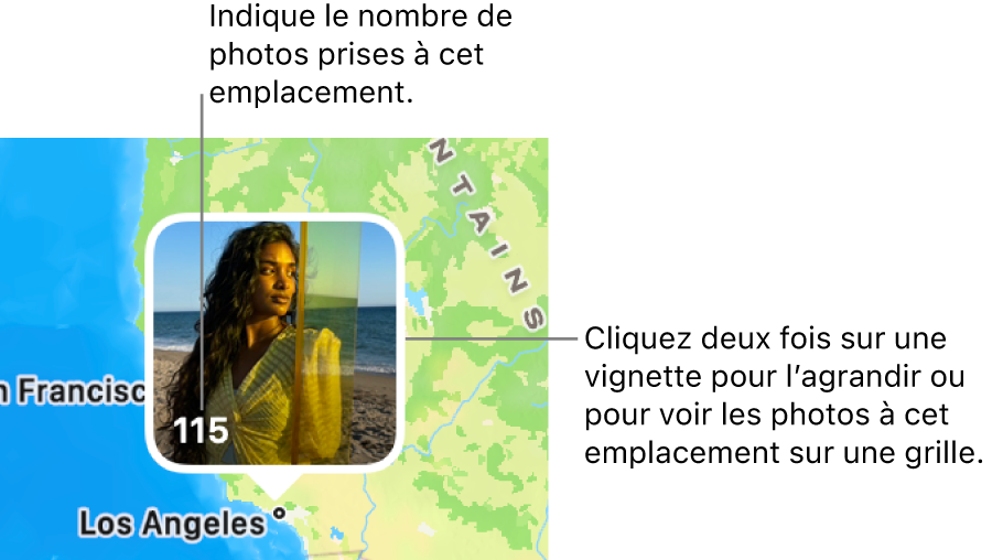 Une vignette de photo sur un plan, avec un chiffre dans le coin inférieur gauche indiquant le nombre de photos prises à cet endroit.