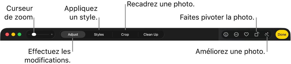 La barre d’outils de modification qui affiche les commandes pour agrandir ou réduire la taille d’une photo, apporter des ajustements, appliquer un style photographique et recadrer, faire pivoter et améliorer des photos.