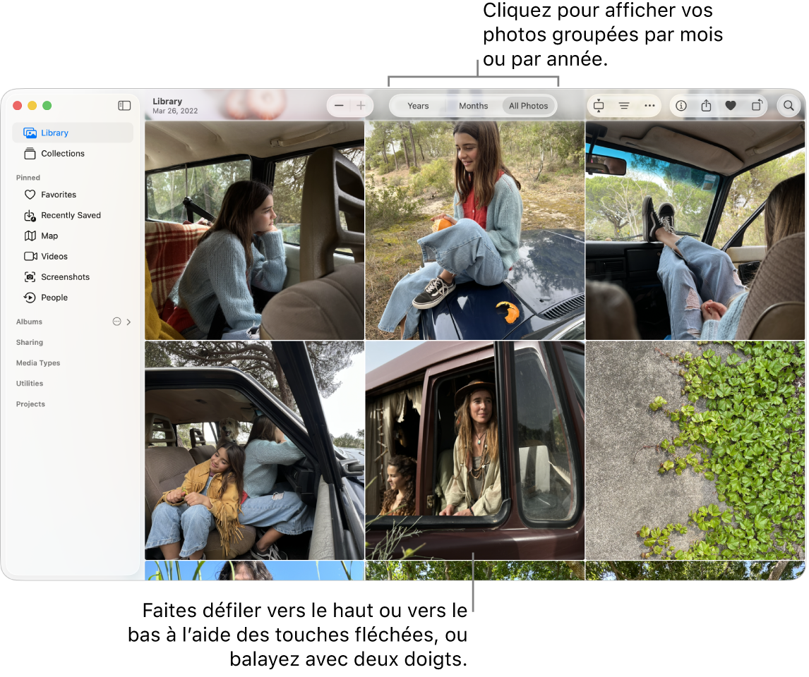 La fenêtre Photos affichant l’option Toutes les photos sélectionnée dans la barre d’outils et les photos organisées par date apparaissant dans la zone principale de la fenêtre.
