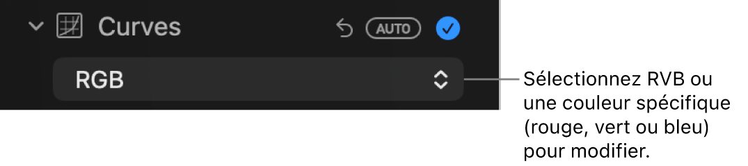 Les commandes de courbes dans la sous-fenêtre Ajuster, présentant le RVB sélectionné dans le menu contextuel.
